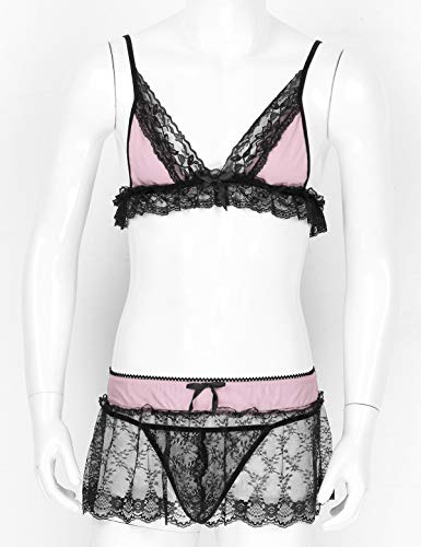 Mens Sissy Lace Lingerie Set Mini Skirt with G-String Bra Top Crossdressing Pajamas2