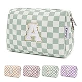 Narwey Initial Checkered Makeup Bag Easter Gifts for Teen Girls Kids Women Personalized Monogram Preppy Cosmetic Bag Trendy Stuff 6 8 10 11 12 13 14 16 18 years old Travel Toiletry Bag (Green A)