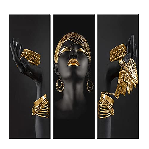 Peinture sur toile femme africaine noire et bijoux en or 60x180cm x3