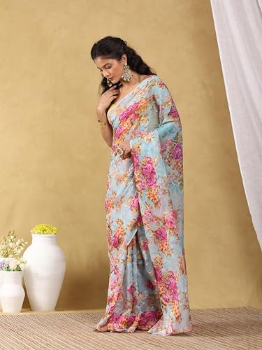 Image of Garden Vareli Summer Roganza Viscose Brasso Floral Print Saree with Unstitched Blouse Piece
