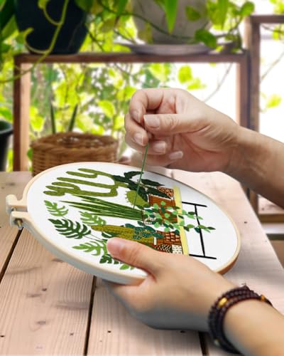 Image of TINDTOP Embroidery Kit for Adult, Embroidery Kit for Beginners | Include Embroidery Cloth Hoops Threads for Craft Lover Hand Stitch with Embroidery Skill Techniques (Cactus)
