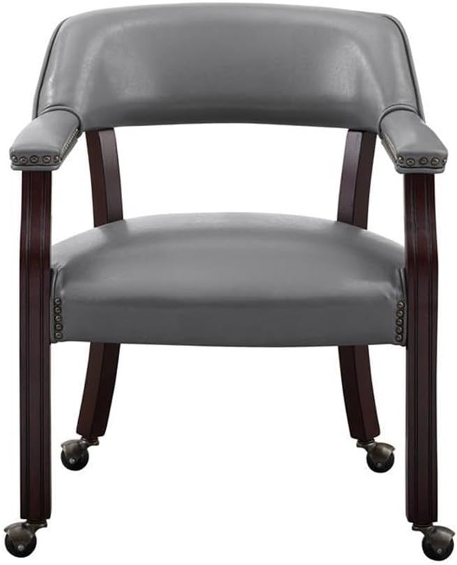 BOWERY HILL Captain's Poker Game Arm Chair, Gray Vinyl Upholstery, Cherry Finish, Bentwood and Rubberwood Construction, with Casters, Padded Seat and Back, Nailhead Trim, Traditional Style, 25" W x