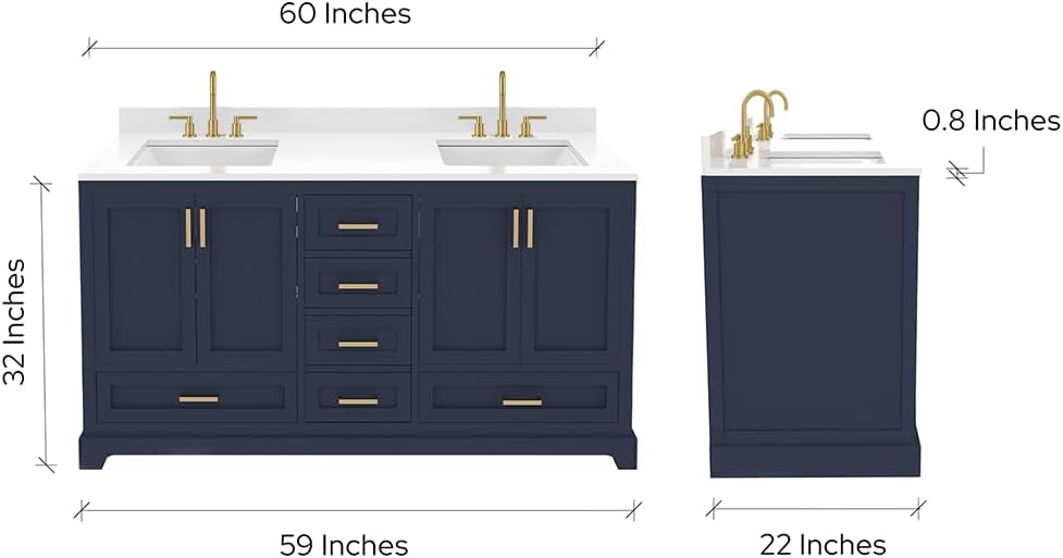 Ayna Decors Maya 60 Inch Double Vanity with Sink and Pre Drilled Faucet Holes Quartz Top in Navy Blue, Freestanding Bathroom Vanities with Soft Close Doors and Drawers - Brushed Gold Hardware