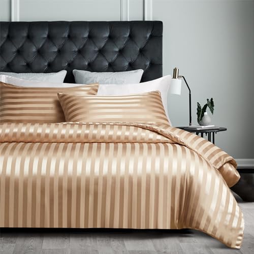 YASMENG - Funda de edredón de satén (140 x 200 cm), color beige y dorado a rayas brillante, juego de cama de satén suave, seda suave, ropa de cama para adultos con cremallera y funda de almohada de 65