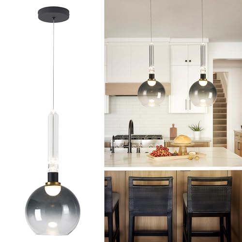 puncoll Black Pendant Light Fixture Kitchen Island - Modern Pendant Lighting with Globe Glass - Adjustable Hanging Light for Dining Room Bathroom, H3958-1-SMBK