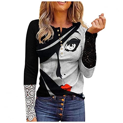 Damen Spitze Patchwork Langarm T-Shirts Langarm V-Ausschnitt Bedrucktes T-Shirt Herbst Neu Damen Slim Langarm Pulli Sweats Frühling und Herbst Frauen Farbblock Langarm Tunika Shirts T-Shirt Cover
