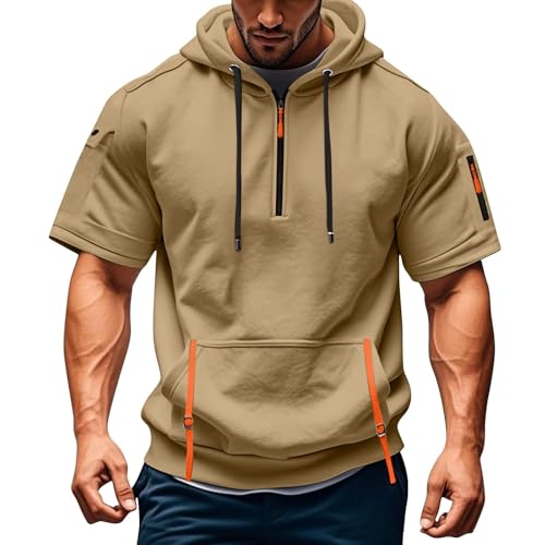Camiseta de manga corta para hombre con capucha, con cordón, elegante, vintage, informal, cómoda, transpirable, con capucha, elástica, para verano, manga corta para entrenamiento, caqui, M