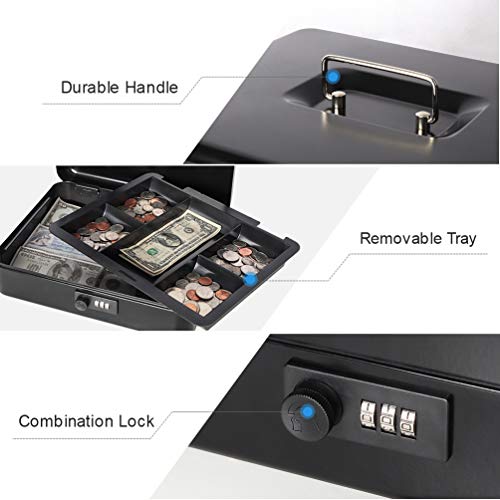 Image of Safe Metal Cash Box with Combination Lock, Decaller Large Lock Storage Money Box with Money Tray, Black, 11 4 /5 inch x 9 2 /5 inch x 3 1 /2 inch, QH3001L