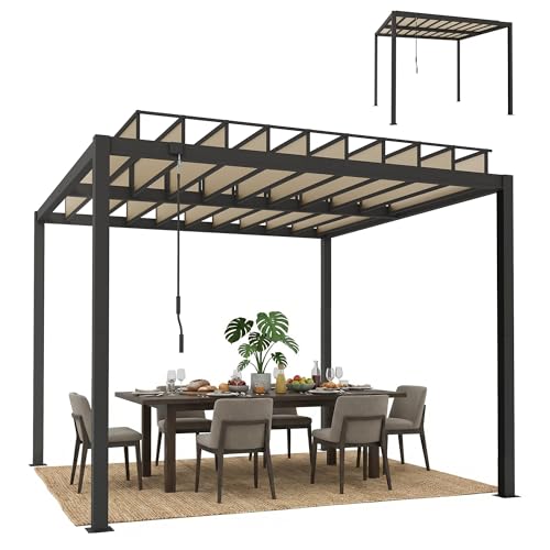 Outsunny 3 x 3 m Louvered Pergola with Adjustable PC Louvred Roof, Aluminium Frame, Patio Gazebo Pergola Canopy with Drainage Gutters, Handle, Expansion Screws for Garden Outdoor, Coffee