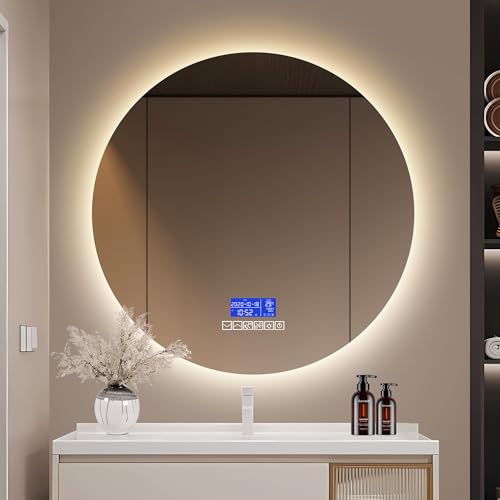 LLODERY Espejo de baño LED redondo, espejo de baño con audio Bluetooth e indicador de temperatura, interruptor táctil, 3 colores de luz ajustables, con función antivaho, espejo de pared gris (80 cm)
