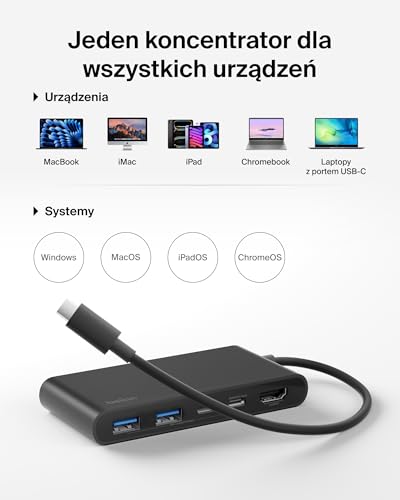 Belkin 5-portowy USB Hub z HDMI 4K przy 60 Hz, 100 W Power Delivery, Szybka Transmisja Danych 5 Gb/s, Adapter do MacBooka, iPada Pro, Chromebooka – Ulepszony Interfejs HDMI 2.0 – Czarny