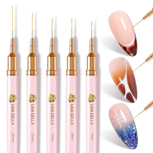 Image of UNA GELLA Nail Art Brushes Metallic, 5 Count Liner Pens Set For Nail Art Gel Polish, Detail Nail Art Design Painting Brush Set For Nails Gel Fine Drawing Nail Tools, Sizes 7 /9 /11 /15 /25mm