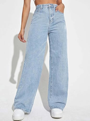 Image of KOTTY Women's High Rise Wide Leg Jeans|Cotton Blend Straight Fit Denim|Trendy Comfortable Casual Wear