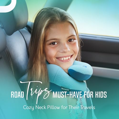 Image of BCOZZY Kids Chin Supporting Travel Pillow for Ages 8-12- Patented Soft Neck Pillow for Head and Chin Support in Car Seat and Airplane. Comfortable Travel Essential. Medium Size, Bag, Light Blue