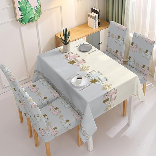 Image of Styleys Dining Chair Covers with Rectangular Table Cover | Waterproof Dining Table Cloth for Kitchen & Dining Room - 1 Table Cover + 4 Chair Cover, Beige-Grey Elephant Print, XKFSZB-8A