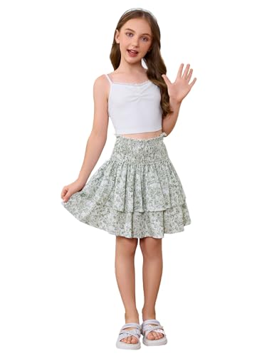 Image of RoseSeek Girl's 2 Piece Outfits Lace Ruched Camisole Tops and Shirred High Waisted Layered Floral Skirts Set