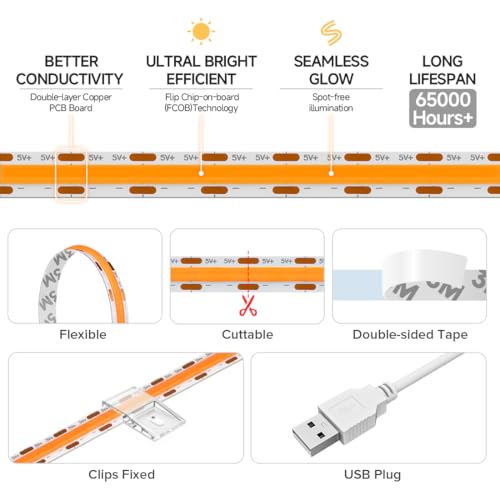 Tira de luces COB LED naranja 6.56FT USB DC5V miniatura 2