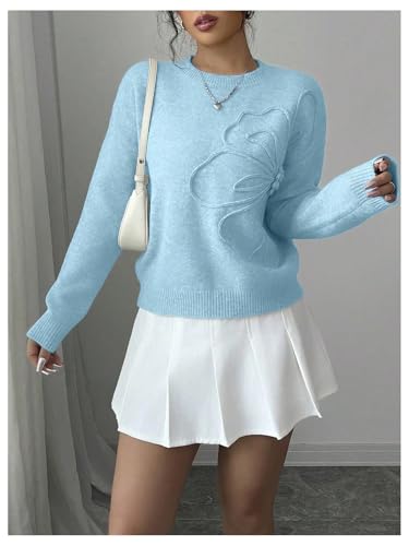 Image of RoseSeek Women's 3D Floral Appliques Crewneck Sweaters Long Sleeve Drop Shoulder Pullovers Elegant Knit Tops