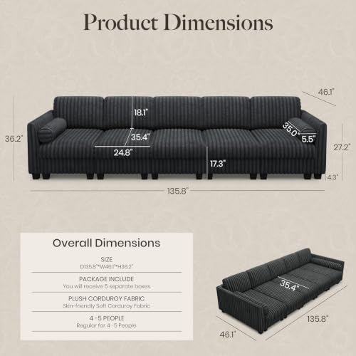 Image of Belffin Oversized Cloud Deep Seat Sectional Sleeper Sofa Bed Corduroy Couch. Grey Couch