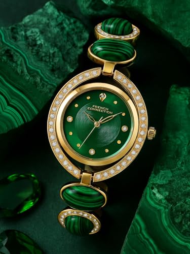 Image of French Connection Sunray Green Round Dial with Gold with Green Stone Alloy Strap Watch - for Womens FCD1NGM