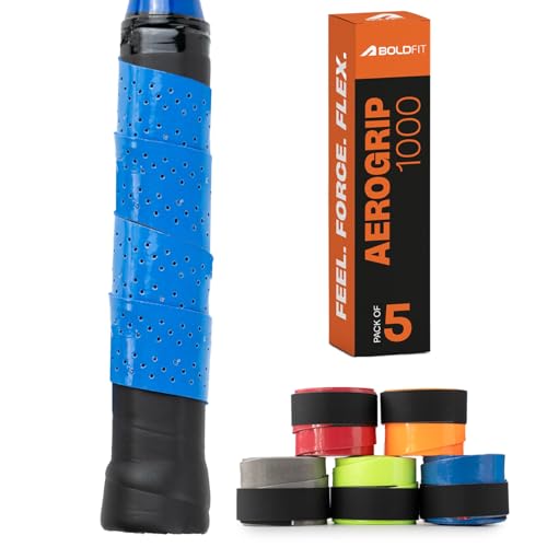 Image of Boldfit Badminton Grip Multicolor Anti Slip Perforated Tennis Racket Grip Tape Sweat Absorbent Overgrip Tape Strong Badminton Racket Grip for Handle Grip Tennis Bat Handle Gripper AeroGrip Pack of 5