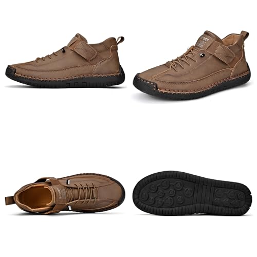 Image of Men'S Hand Stitching Leather Chukka Ankle Boots with Adjustable Elastic Band Casual Slip-On Non-Slip Walking Loafers Retro High Top Flat Shoes