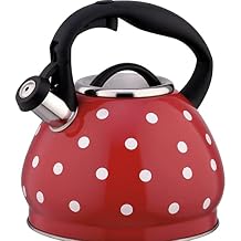 Black and White Polka Dot Tea Kettle, Cute Whistling Teapot for Stove Top, Stainless Steel Teapot with Cool Grip Ergonomic Handle Color Red, Size 3L