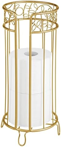 mDesign Decorative Free Standing Toilet Paper Holder Stand with Storage for 3 Rolls of Toilet Tissue - for Bathroom/Powder Room - Holds Mega Rolls - Durable Metal Wire Design - Soft Brass