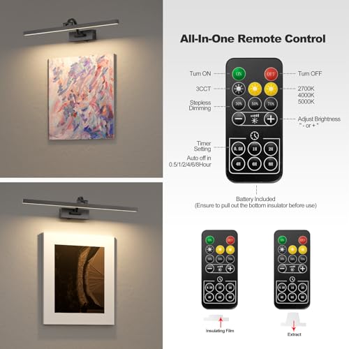 Image of Wireless Picture Lights for Wall,23.5 Inch Black Art Light for Paintings,Battery Operated Picture Lights with Remote Control,Dimmable Rechargeable Art Lamps for Picture Frame,Gallery