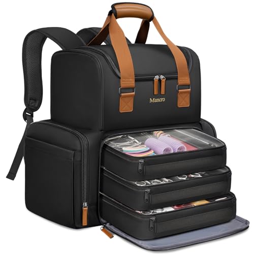 Mancro Hairstylist Travel Bag, 2-Layer Cosmetology Bag with 3 Separate Pouches and 2 Side Pockets, Professional Barber Bag Backpack with Adjustable Dividers for Cosmetology Supplies,Black