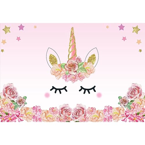 YongFoto 1,5x1m Fondo de Fotografia Unicornio Rosa Rosas Fiesta Borde Las Flores Patrón Lindo Estrella Oro Telón de Fondo Cumpleaños Fiesta Baby Shower Niños Bebé Chicas Bandera Estudio fotográfico