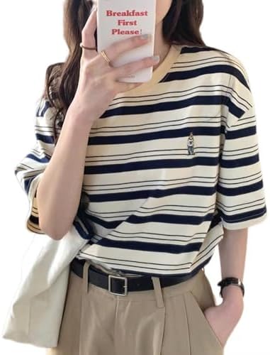 Vasarhely Women's Bordered T-Shirt, Short Sleeve, Top, Crew Neck, Loose, Casual, Comfortable, Simple, Embroidered Bear
