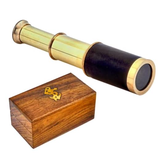 Captains 6" Handheld Brass Telescope with Wooden Box-Pirate Navigation with Anchor Wooden Box