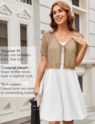 Image of Kate Kasin Women Crochet Shrug Knit Sweater, Short Sleeve Cropped Cardigan | Tie Front Tops Light Weight, Knit Cover Up Arm Bolero For Evening Dresses Dressy Casual, Ladies Eyelet Shawl Thin Formal