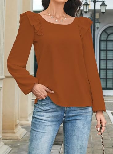 Womens Bow Tie Back Tops Square Neck Long Ruffle Sleeve Shirts Cute Babydoll Chiffon Texture Women Fall Trendy Tunic4