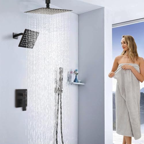 Juego de grifería para ducha en bronce cepillado, sistema de ducha con válvula de derivación tipo perilla, ducha de mano de alta presión, cabezal de ducha de techo cuadrado de 10 pulgadas y cabezal de ducha de pared de 6 pulgadas miniatura 2