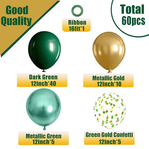 Image of Dark Green and Gold Balloons,60 Packs 12 Inch Metallic Green Gold Confetti Balloons for Birthday, Graduation, St. Patrick's Day, Baby Shower, Jungle Sarfari Party Decorations