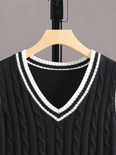 OYOANGLE Men's Cable Knit Sweater Vest Preppy Style Striped Trim V Neck Sleeveless Sweater Tops3