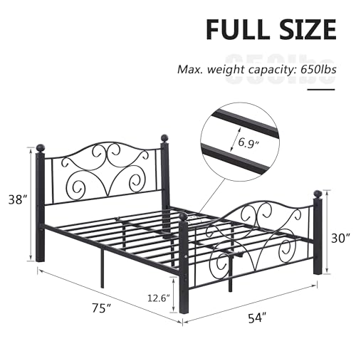 Image of VECELO Full Size Bed Frame with Headboard and Footboard, Heavy Duty Metal Slat Support, Platform Mattress Foundation, No Box Spring Needed, Easy Assembly, Dark Black