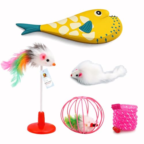 Image of Foodie Puppies 5-in-1 Interactive Cat Mini Toy Combo for Cats & Kittens | Blowfish Toy, Mouse Cage Ball, Spring Coil, Fur Mouse Stick & White Fur Mouse | Indoor Play & Exercise Toys