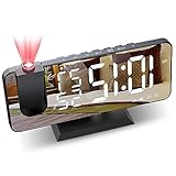 JIGA Despertador Digital Radio FM Despertador Proyector 180° con 7" Pantalla LED de Espejo Puerto USB Alarma Doble 4 Niveles Snooze de Brillos Reloj Despertador Digital para Cocina, Dormitorio,Oficina