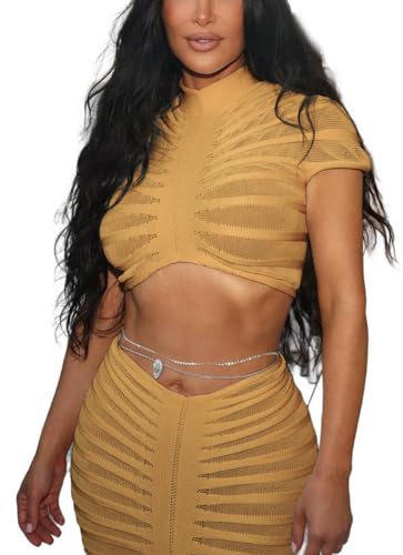 Image of Sexy See Through Long Dress Knitted Sheer Mock Neck Crop Top and Maxi Skirt 2 Piece Outfits Sets