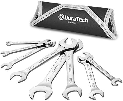 DURATECH Super-Thin Open End Wrench Set, SAE, 8-Piece, Including 1/4", 9/32", 5/16", 3/8", 11/32", 13/32", 7/16", 1/2", 9/16", 11/16", 3/4", 13/16", 7/8", 15/16", 1", 1-1/16", with Rolling Pouch