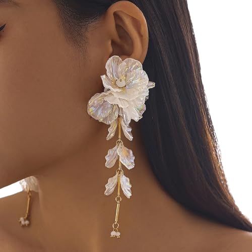1Pair Vintage Big Flower Long Tassel Drop Earrings Summer Boho Flower Piercing Earrings Bridal Wedding Crystal Shell Drop Earrings Statement Flower Stud Jewelry for Women3