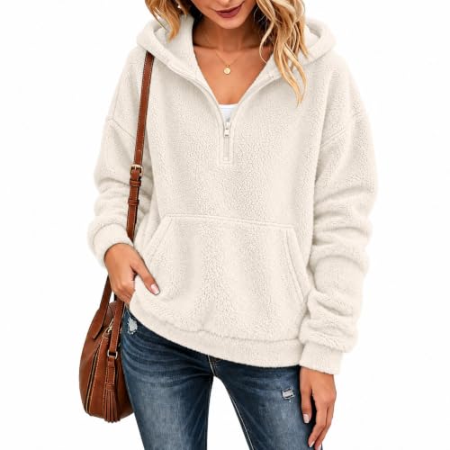 Womens Fleece Jacket Beige S Quarter Zip Hoodie Fall Oversized | Fall Sweatshirts for Women, Double-sided Fleece Cozy Warm Hoodie, Quarter Zip Fleece Pullover Women, Trendy Casual Outwear - image 4