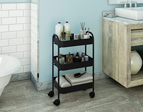 Mabel Home Storage Cart 3 Tier with Wheels and Handle, Metal Storage Utility Rolling Trolley, Multi-Purpose (Black)