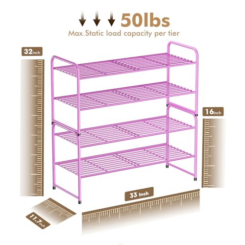 Image of 2 Pack Shoe Rack, 2-Tier Metal Stackable Shoe Shelf Storage Organizer, Heavy Duty Wire Shoe Stand for Entryway, Closet, Hallway, Holds 50 LBS, Pink