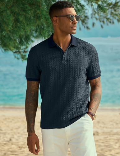 Image of JMIERR Men's Casual Polo Shirt Knitted Textured Short Sleeve Stretch Golf Shirt Summer Vacation Beach Collared Shirts