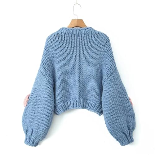 Women Hand Made Crochet 3D Flower Ball Cardigan Retro V Neck Long Sleeve Knit Sweater2