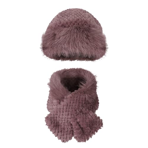 Women Winter Faux Rabbit Fur Trimmed Cloche Hat with Scarf Set Furry Warm Beanie Collar Scarf Set for Ladies3